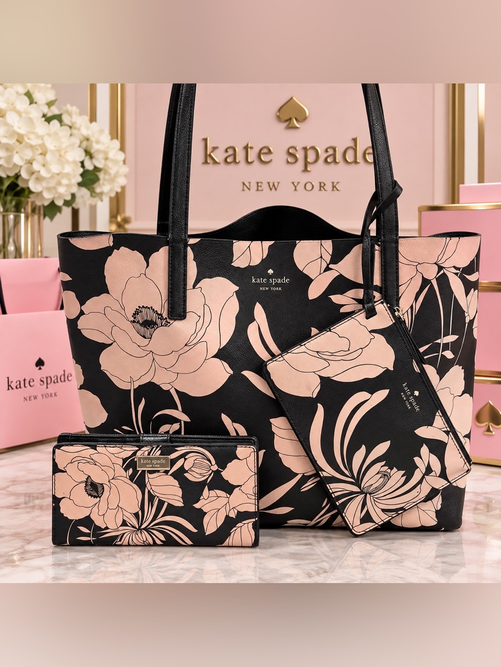 kate spade Floral Tote Set in Black & Pink